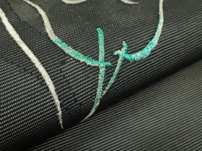 平和屋着物＊夏物 九寸名古屋帯 刺繍 草花文 黒地 銀糸 正絹 逸品 未使用 CABF4670rv