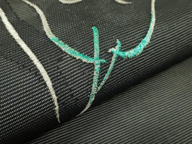 平和屋着物＊夏物 九寸名古屋帯 刺繍 草花文 黒地 銀糸 正絹 逸品 未使用 CABF4670rv