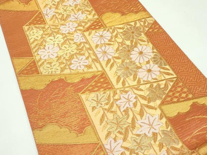 平和屋着物＊夏物　六通柄袋帯　屏風草花文　金糸　正絹　逸品　CABF4675rv