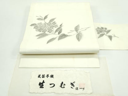 平和屋着物＊夏物 九寸名古屋帯 作家物 民芸手織 生つむぎ 手描き 紫陽花 証紙付き 正絹 逸品 CABF4692rv
