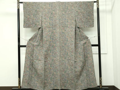 平和屋着物▽上質な小紋　単衣　更紗花文　鬼しぼ縮緬　正絹　逸品　未使用　CABF4721rv