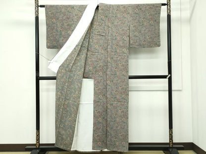 平和屋着物▽上質な小紋　単衣　更紗花文　鬼しぼ縮緬　正絹　逸品　未使用　CABF4721rv