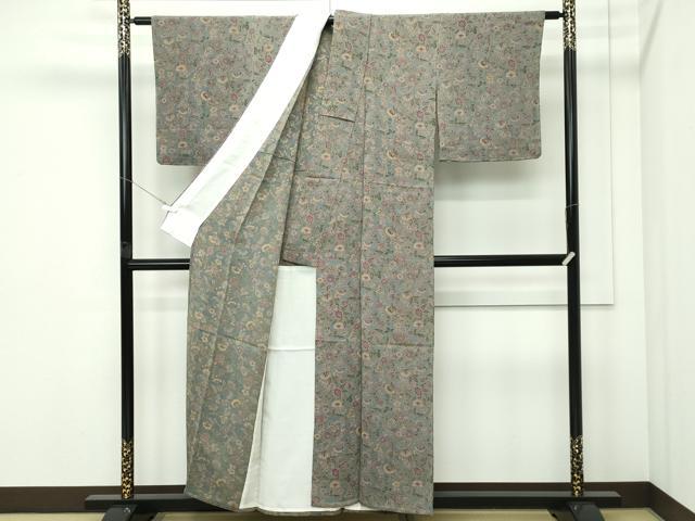 平和屋着物▽上質な小紋　単衣　更紗花文　鬼しぼ縮緬　正絹　逸品　未使用　CABF4721rv