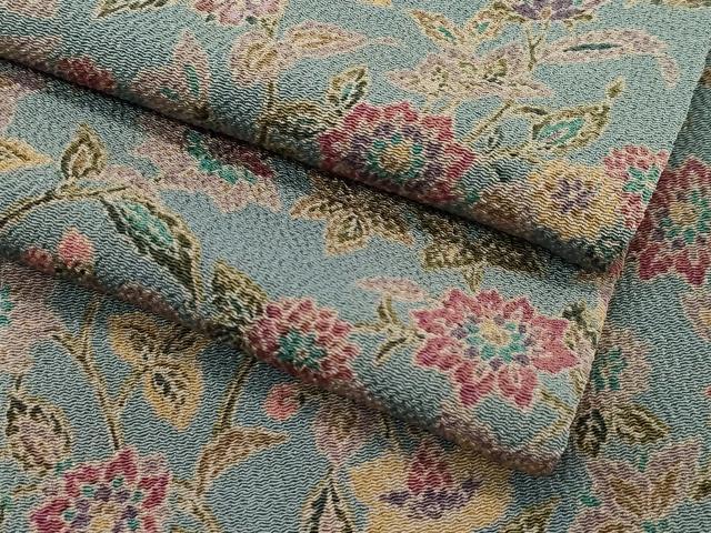 平和屋着物▽上質な小紋　単衣　更紗花文　鬼しぼ縮緬　正絹　逸品　未使用　CABF4721rv