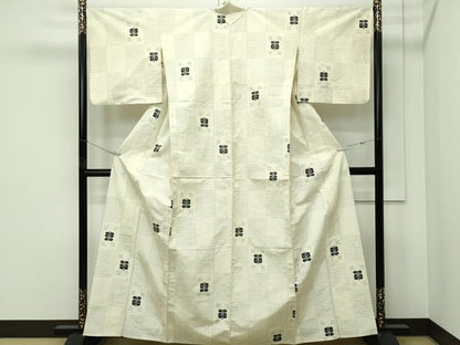 平和屋着物▽上質な紬　単衣　十字絣　市松草花文　正絹　逸品　CABF4728rv