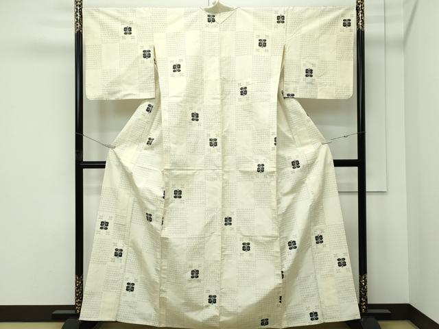平和屋着物▽上質な紬　単衣　十字絣　市松草花文　正絹　逸品　CABF4728rv