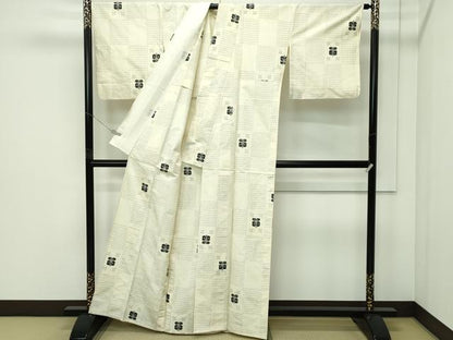 平和屋着物▽上質な紬　単衣　十字絣　市松草花文　正絹　逸品　CABF4728rv