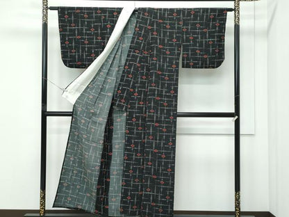 平和屋着物▽小紋　単衣　地紙梅文　黒地　洗える着物　CABF4730rv