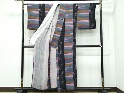 平和屋着物▽上質な小紋　単衣　草花間道　鬼しぼ縮緬　正絹　逸品　CABF4731rv