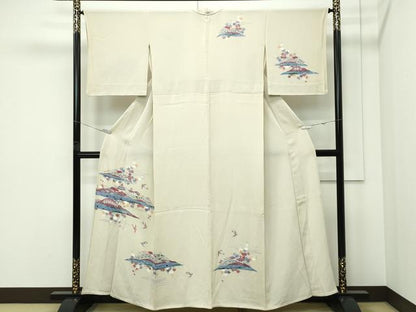 平和屋着物▽訪問着　単衣　型染め　飛鳥風景文　鬼しぼ縮緬　正絹　逸品　CABF4733rv