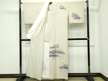 平和屋着物▽訪問着　単衣　型染め　飛鳥風景文　鬼しぼ縮緬　正絹　逸品　CABF4733rv