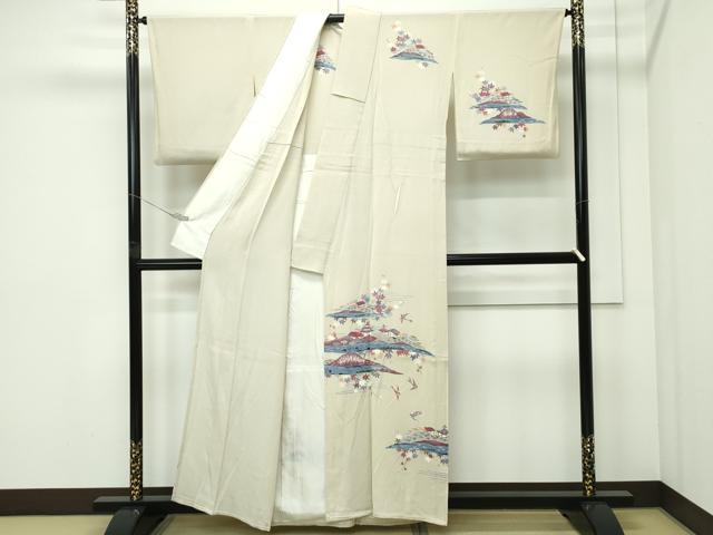 平和屋着物▽訪問着　単衣　型染め　飛鳥風景文　鬼しぼ縮緬　正絹　逸品　CABF4733rv