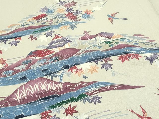 平和屋着物▽訪問着　単衣　型染め　飛鳥風景文　鬼しぼ縮緬　正絹　逸品　CABF4733rv