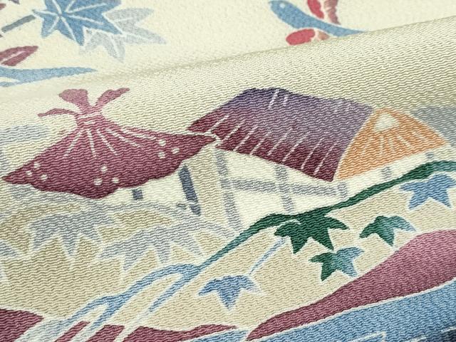 平和屋着物▽訪問着　単衣　型染め　飛鳥風景文　鬼しぼ縮緬　正絹　逸品　CABF4733rv
