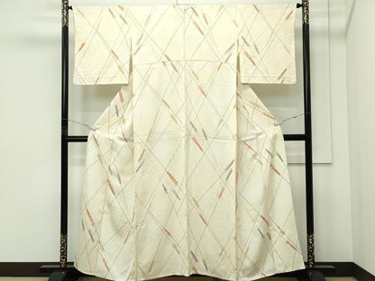 平和屋着物▽上質な小紋　単衣　矢羽文様　金彩　正絹　逸品　CABF4739rv