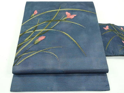 平和屋着物＊夏物　九寸名古屋帯　草花文　正絹　逸品　CABF4746rv
