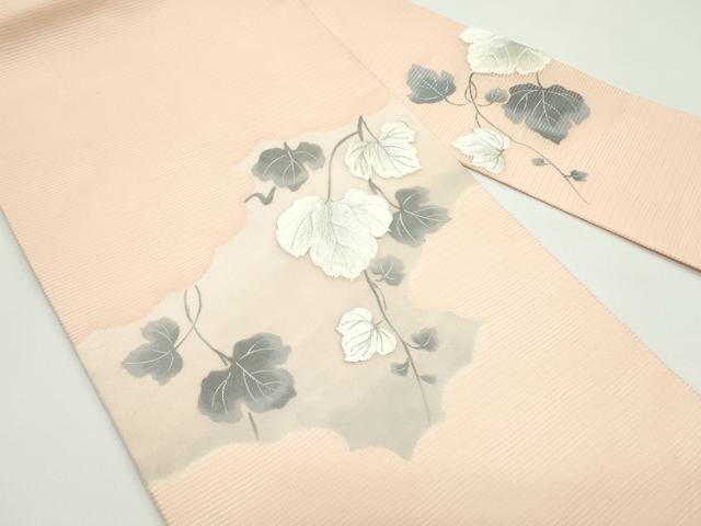 平和屋着物＊夏物　九寸名古屋帯　手描き　刺繍　蔦の葉文　銀糸　正絹　逸品　CABF4748rv