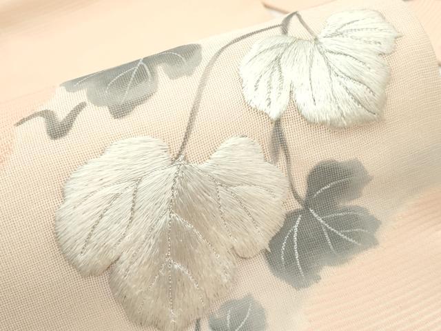 平和屋着物＊夏物　九寸名古屋帯　手描き　刺繍　蔦の葉文　銀糸　正絹　逸品　CABF4748rv