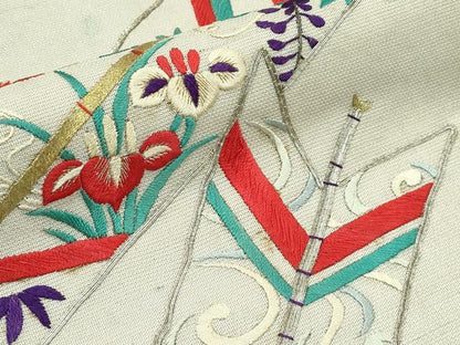 平和屋着物＊夏物　アンティーク　大正ロマン　九寸名古屋帯　総刺繍　駒刺繍　矢羽草花文　金銀糸　正絹　逸品　CABF4749rv