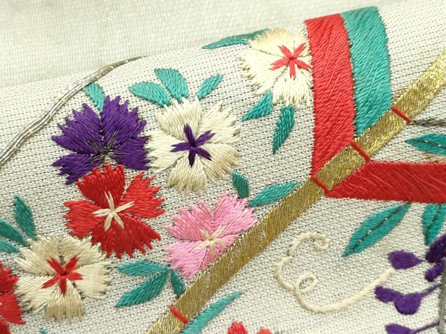 平和屋着物＊夏物　アンティーク　大正ロマン　九寸名古屋帯　総刺繍　駒刺繍　矢羽草花文　金銀糸　正絹　逸品　CABF4749rv