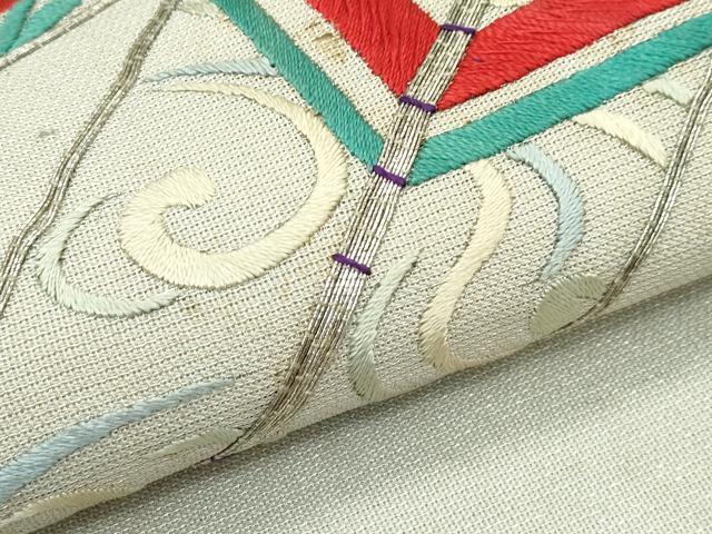 平和屋着物＊夏物　アンティーク　大正ロマン　九寸名古屋帯　総刺繍　駒刺繍　矢羽草花文　金銀糸　正絹　逸品　CABF4749rv