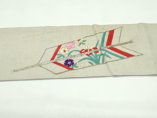 平和屋着物＊夏物　アンティーク　大正ロマン　九寸名古屋帯　総刺繍　駒刺繍　矢羽草花文　金銀糸　正絹　逸品　CABF4749rv