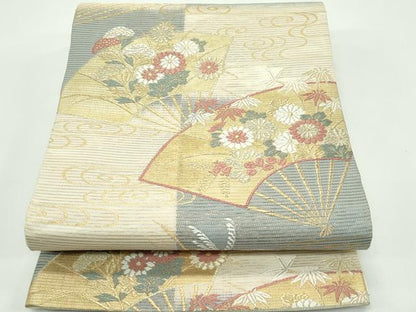 平和屋着物＊夏物 六通柄袋帯 絽綴れ 網代木 市松扇面秋草文 金糸 正絹 逸品 CABF4752rv