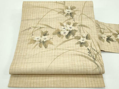 平和屋着物＊夏物　九寸名古屋帯　作家物　手描き　草花文　麻　逸品　CABF4768rv