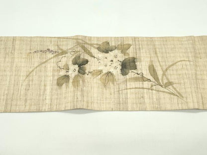 平和屋着物＊夏物　九寸名古屋帯　作家物　手描き　草花文　麻　逸品　CABF4768rv