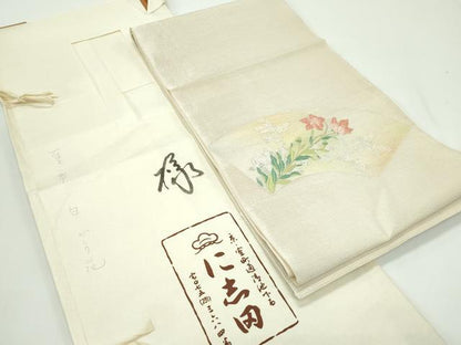 平和屋着物＊夏物 京都老舗銘店・に志田 太鼓柄袋帯 唐織 地紙花文 銀糸 たとう紙付き 正絹 逸品 CABF4778rv