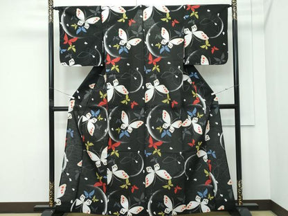 平和屋着物∴夏物　浴衣　舞蝶文　黒地　綿　逸品　CABF4784rv