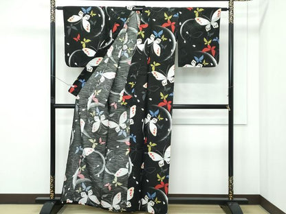 平和屋着物∴夏物　浴衣　舞蝶文　黒地　綿　逸品　CABF4784rv