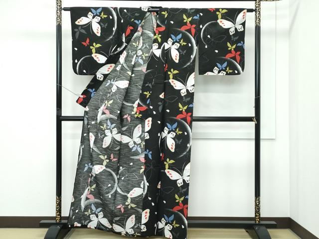平和屋着物∴夏物　浴衣　舞蝶文　黒地　綿　逸品　CABF4784rv