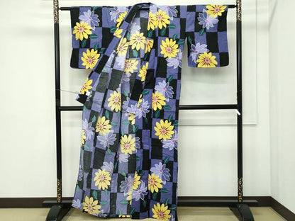 平和屋着物∴夏物　浴衣　綿紅梅　市松草花文　綿　逸品　CABF4787rv