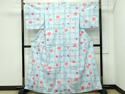 平和屋着物∴夏物　浴衣　格子舞花文　綿　逸品　CABF4789rv