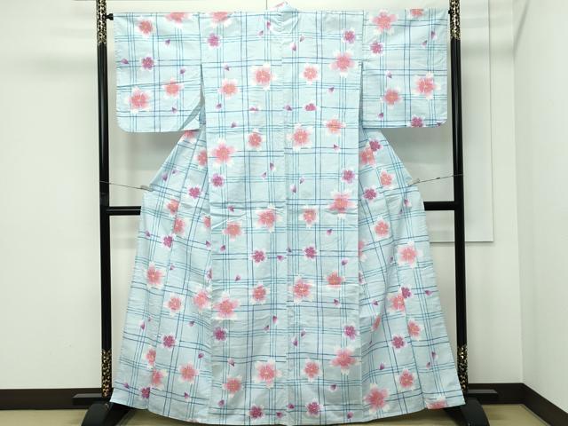 平和屋着物∴夏物　浴衣　格子舞花文　綿　逸品　CABF4789rv