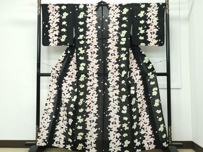 平和屋着物∴夏物　浴衣　舞花文　黒地　綿　逸品　CABF4793rv