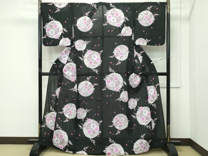 平和屋着物∴夏物　浴衣　草花丸文　黒地　綿　逸品　CABF4797rv