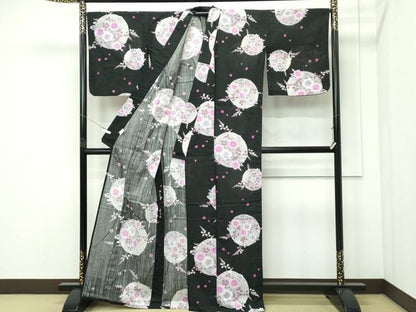 平和屋着物∴夏物　浴衣　草花丸文　黒地　綿　逸品　CABF4797rv