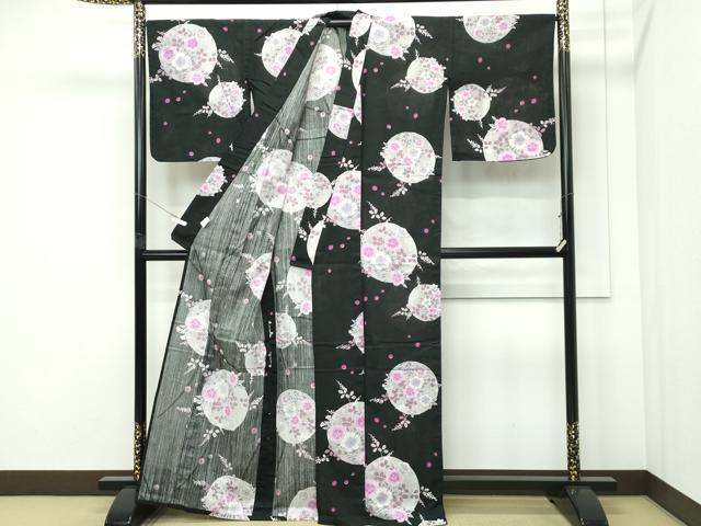 平和屋着物∴夏物　浴衣　草花丸文　黒地　綿　逸品　CABF4797rv