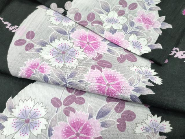 平和屋着物∴夏物　浴衣　草花丸文　黒地　綿　逸品　CABF4797rv