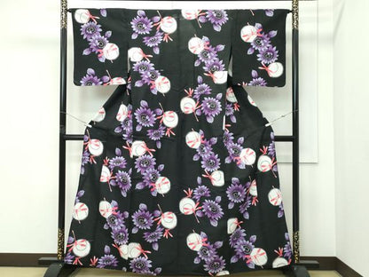 平和屋着物∴夏物　浴衣　トンボ　草花丸文　黒地　綿　逸品　CABF4798rv