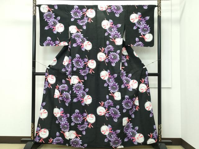平和屋着物∴夏物　浴衣　トンボ　草花丸文　黒地　綿　逸品　CABF4798rv