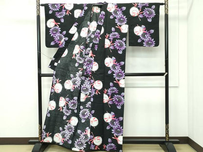 平和屋着物∴夏物　浴衣　トンボ　草花丸文　黒地　綿　逸品　CABF4798rv