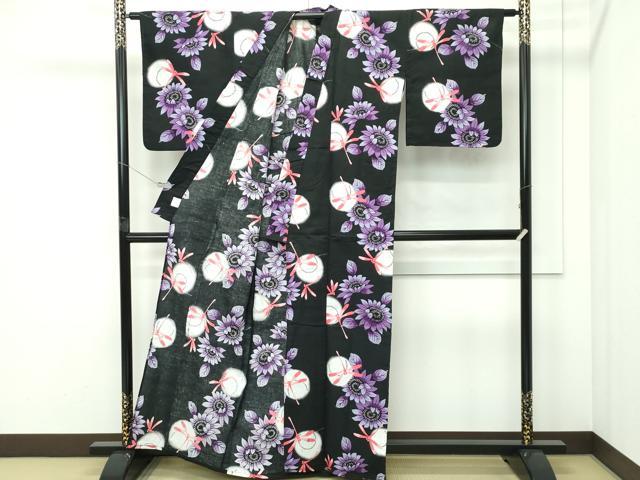 平和屋着物∴夏物　浴衣　トンボ　草花丸文　黒地　綿　逸品　CABF4798rv