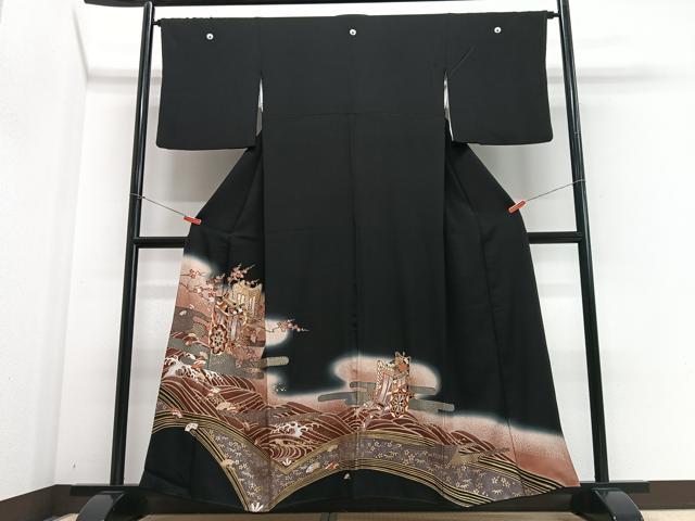 平和屋着物■豪華黒留袖　御所車立波花文　暈し染め　金彩　正絹　逸品　CABF4822xe