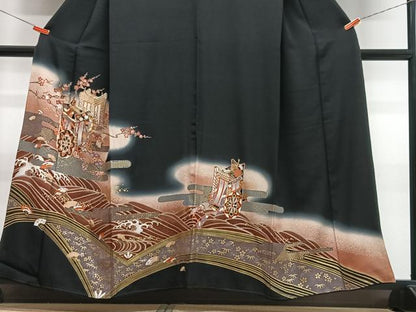 平和屋着物■豪華黒留袖　御所車立波花文　暈し染め　金彩　正絹　逸品　CABF4822xe