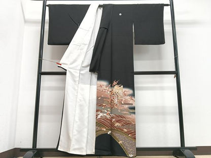 平和屋着物■豪華黒留袖　御所車立波花文　暈し染め　金彩　正絹　逸品　CABF4822xe