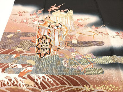 平和屋着物■豪華黒留袖　御所車立波花文　暈し染め　金彩　正絹　逸品　CABF4822xe