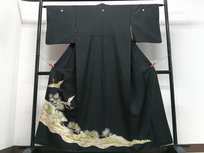 平和屋着物■豪華黒留袖　刺繍　飛鶴松文　金彩　正絹　逸品　CABF4877xe